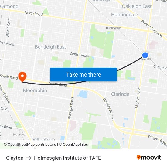 Clayton to Holmesglen Institute of TAFE map