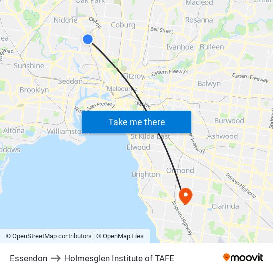 Essendon to Holmesglen Institute of TAFE map