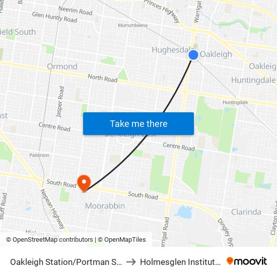 Oakleigh Station/Portman St (Oakleigh) to Holmesglen Institute of TAFE map