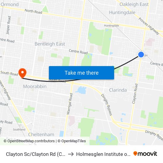 Clayton Sc/Clayton Rd (Clayton) to Holmesglen Institute of TAFE map