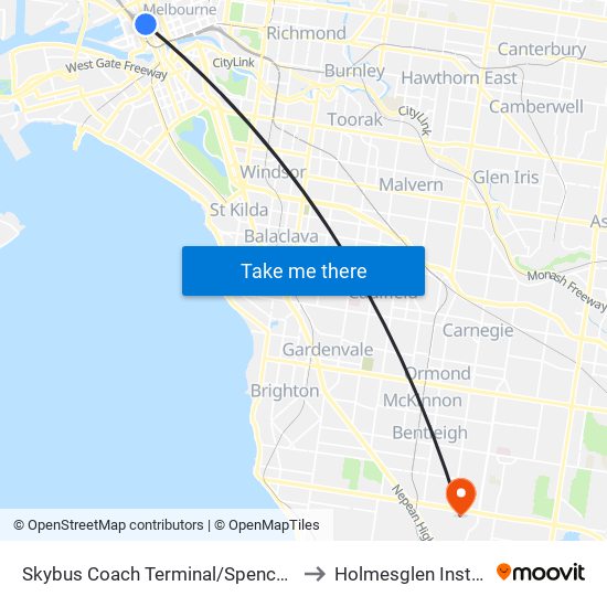 Skybus Coach Terminal/Spencer St (Melbourne City) to Holmesglen Institute of TAFE map
