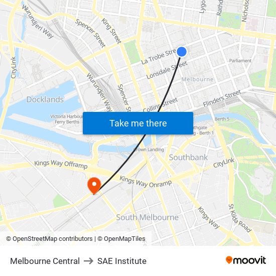 Melbourne Central to SAE Institute map