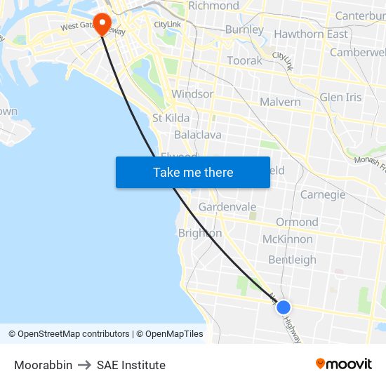 Moorabbin to SAE Institute map