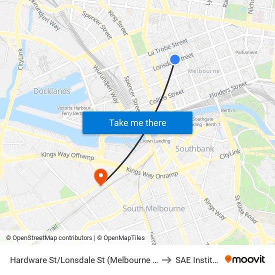 Hardware St/Lonsdale St (Melbourne City) to SAE Institute map