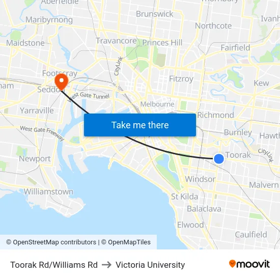 Toorak Rd/Williams Rd to Victoria University map