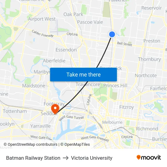 Batman Railway Station to Victoria University map