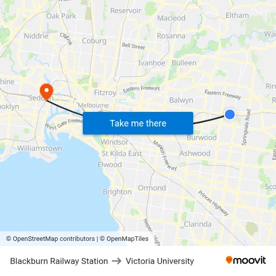 Blackburn Railway Station to Victoria University map
