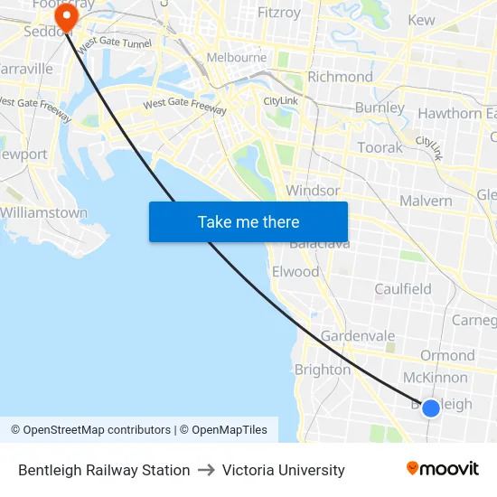 Bentleigh Railway Station to Victoria University map