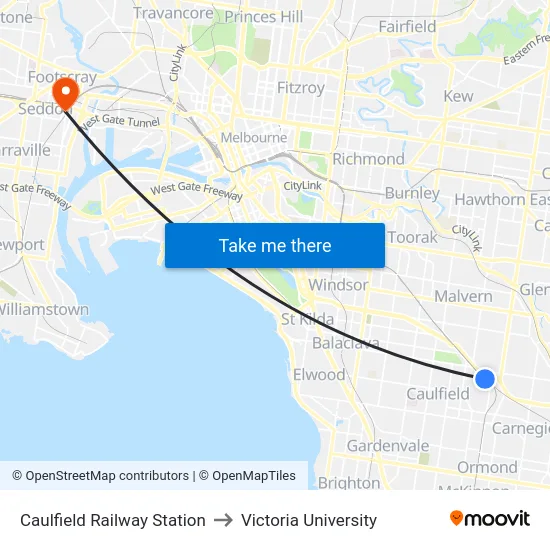 Caulfield Railway Station to Victoria University map