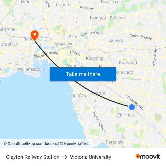 Clayton Railway Station to Victoria University map