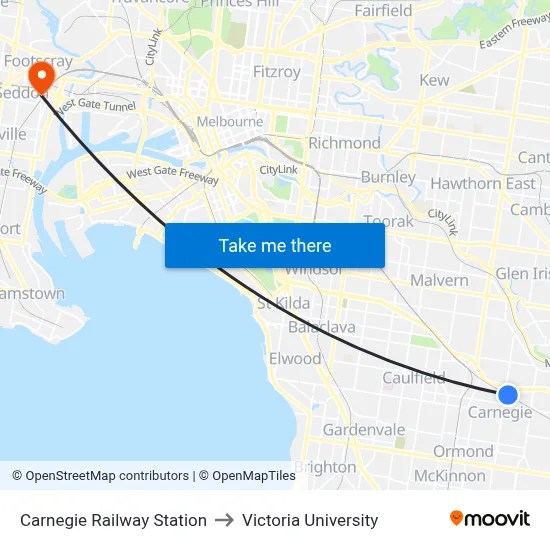 Carnegie Railway Station to Victoria University map