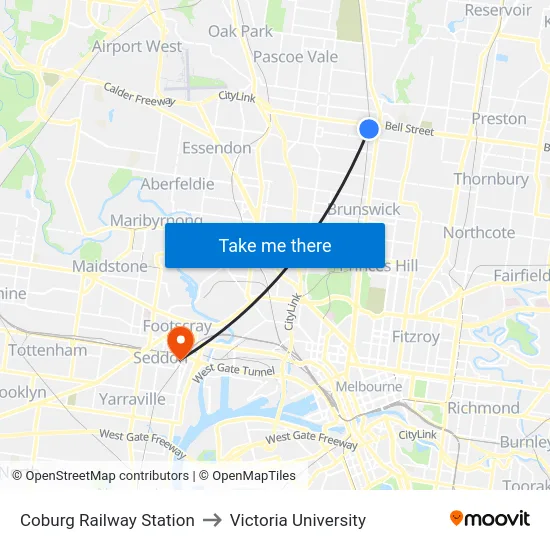 Coburg Railway Station to Victoria University map