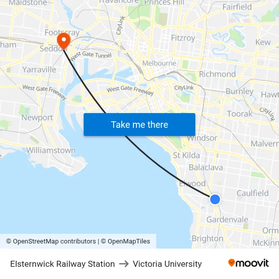 Elsternwick Railway Station to Victoria University map