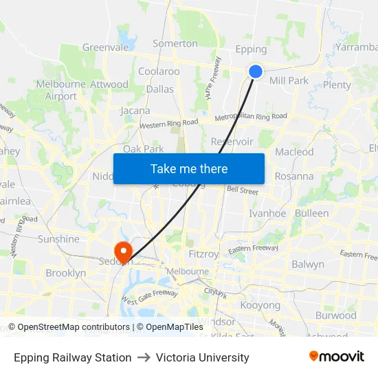 Epping Railway Station to Victoria University map