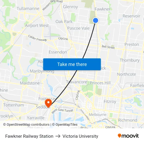 Fawkner Railway Station to Victoria University map