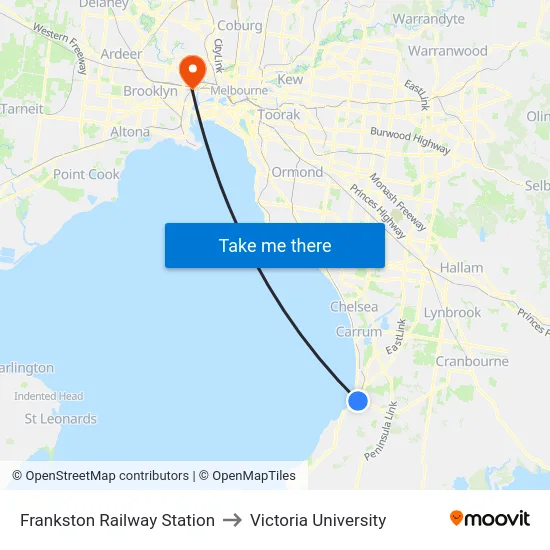 Frankston Railway Station to Victoria University map