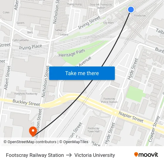 Footscray Railway Station to Victoria University map