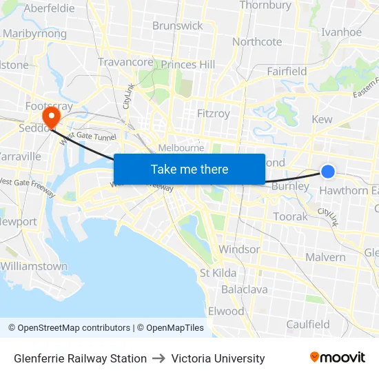 Glenferrie Railway Station to Victoria University map