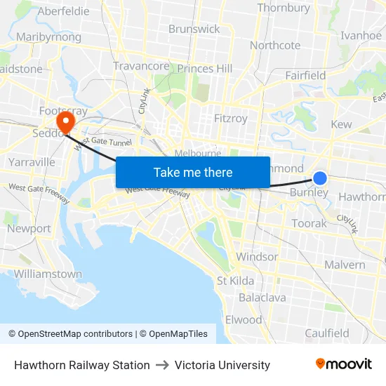 Hawthorn Railway Station to Victoria University map