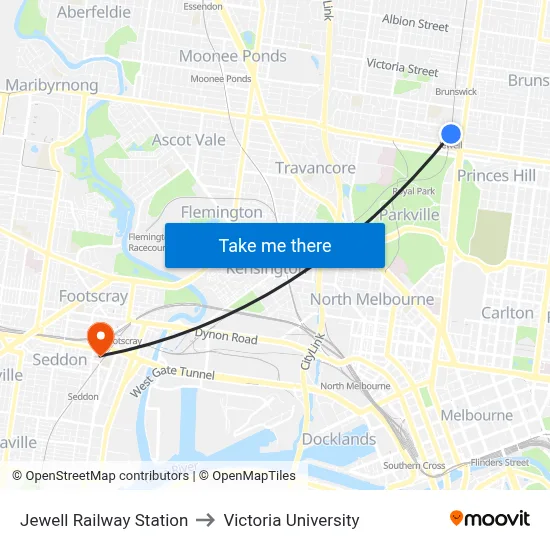 Jewell Railway Station to Victoria University map