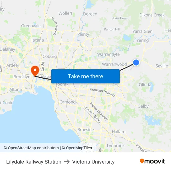 Lilydale Railway Station to Victoria University map