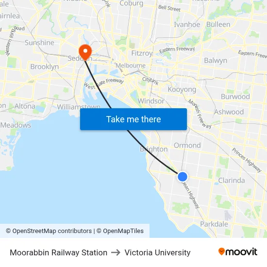 Moorabbin Railway Station to Victoria University map