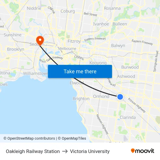 Oakleigh Railway Station to Victoria University map