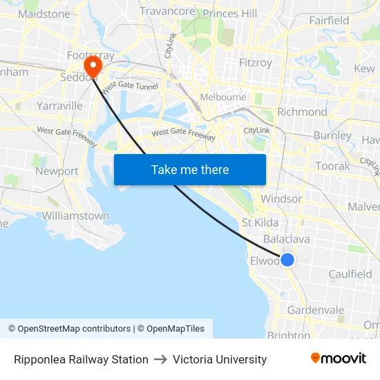 Ripponlea Railway Station to Victoria University map