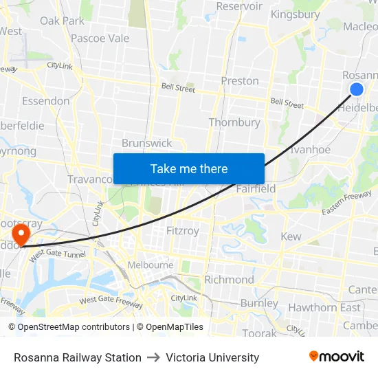 Rosanna Railway Station to Victoria University map