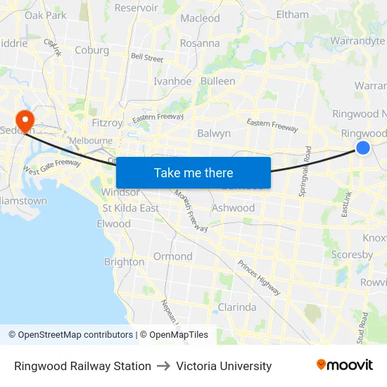 Ringwood Railway Station to Victoria University map