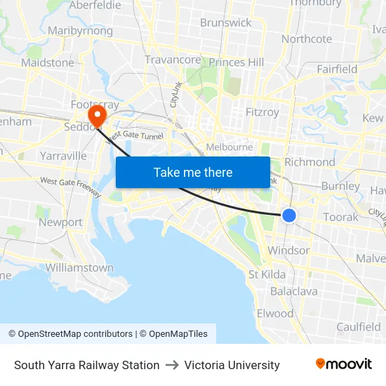 South Yarra Railway Station to Victoria University map