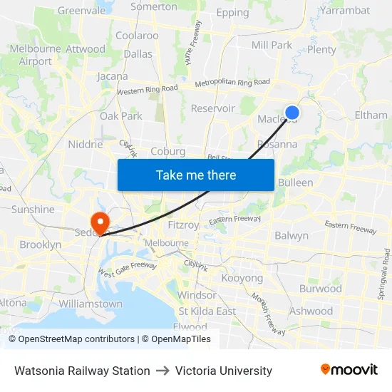 Watsonia Railway Station to Victoria University map