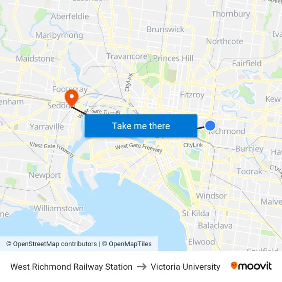West Richmond Railway Station to Victoria University map