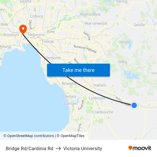 Bridge Rd/Cardinia Rd to Victoria University map