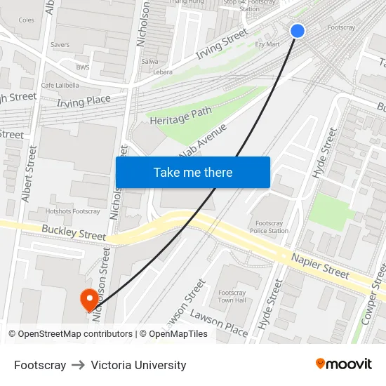 Footscray to Victoria University map