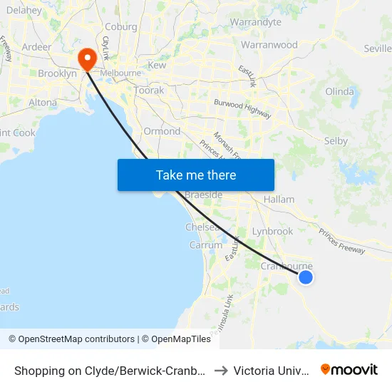 Shopping on Clyde/Berwick-Cranbourne Rd to Victoria University map