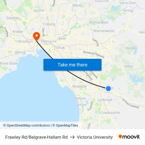 Frawley Rd/Belgrave-Hallam Rd to Victoria University map