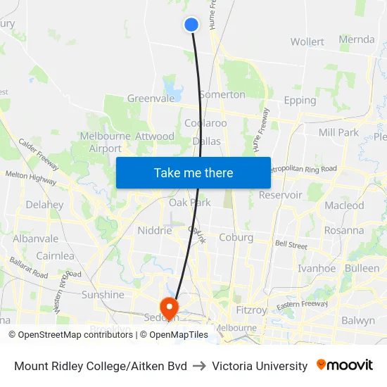Mount Ridley College/Aitken Bvd to Victoria University map