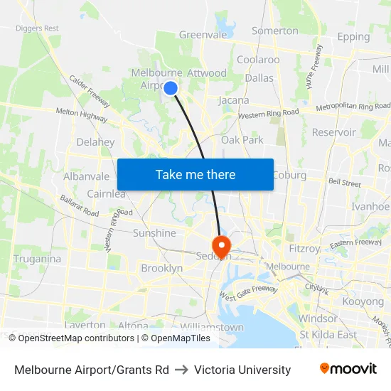 Melbourne Airport/Grants Rd to Victoria University map