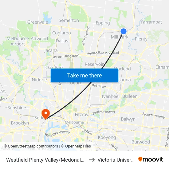 Westfield Plenty Valley/Mcdonalds Rd to Victoria University map