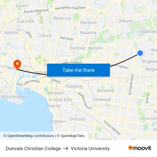 Donvale Christian College to Victoria University map