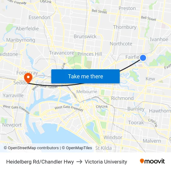 Heidelberg Rd/Chandler Hwy to Victoria University map