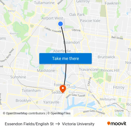 Essendon Fields/English St to Victoria University map