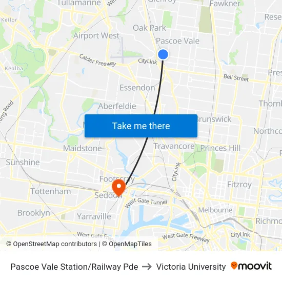 Pascoe Vale Station/Railway Pde to Victoria University map