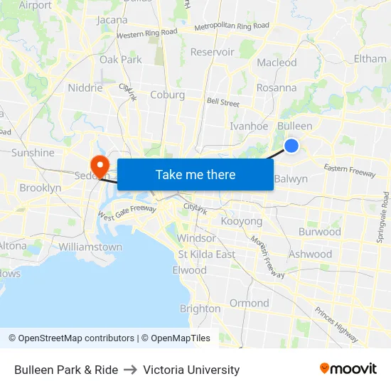 Bulleen Park & Ride to Victoria University map
