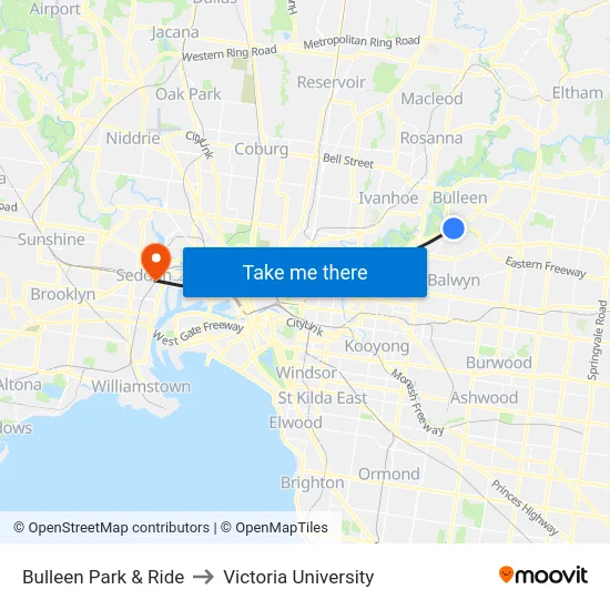 Bulleen Park & Ride to Victoria University map