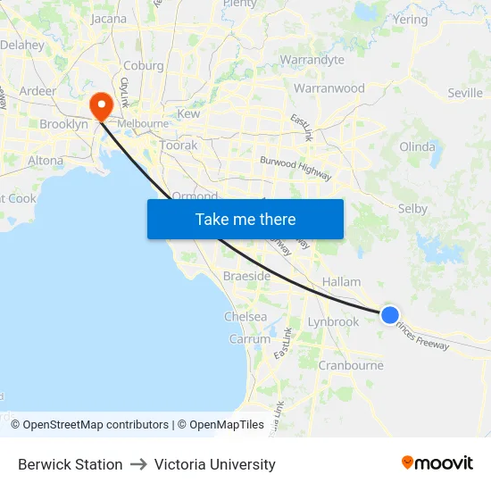 Berwick Station to Victoria University map