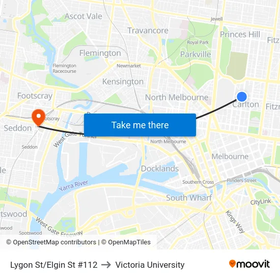 Lygon St/Elgin St #112 to Victoria University map