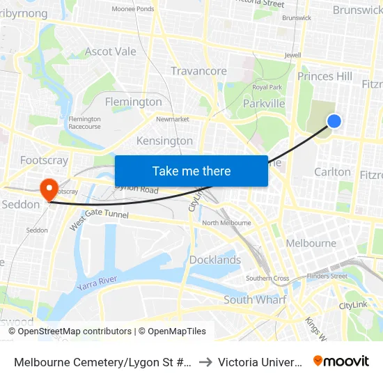 Melbourne Cemetery/Lygon St #115 to Victoria University map