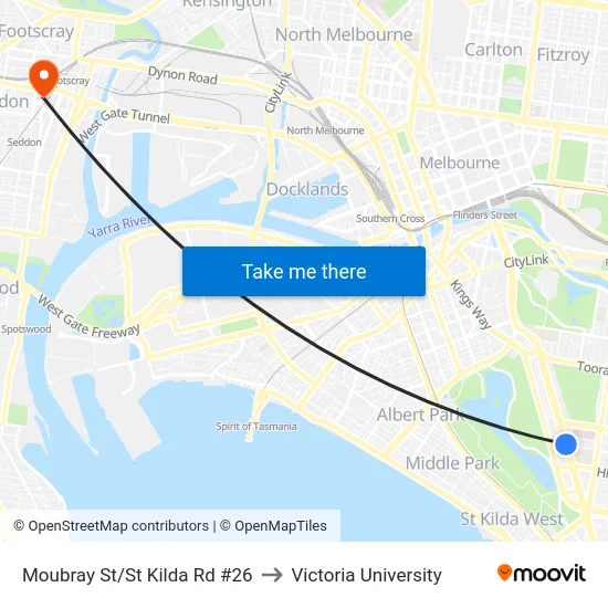 Moubray St/St Kilda Rd #26 to Victoria University map